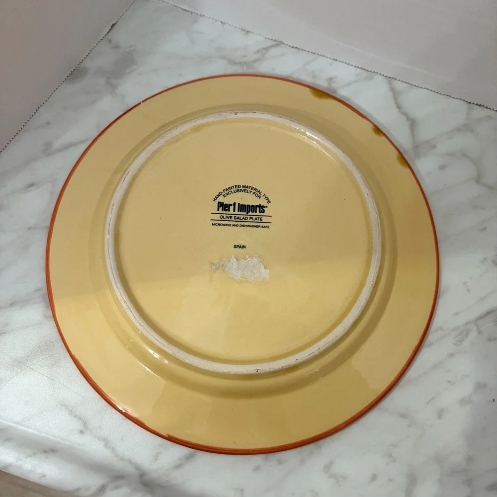 Pier 1 Imports Olive Salad Plate Hand Painted Ceramic Spain Red Yellow 8.5 Inch